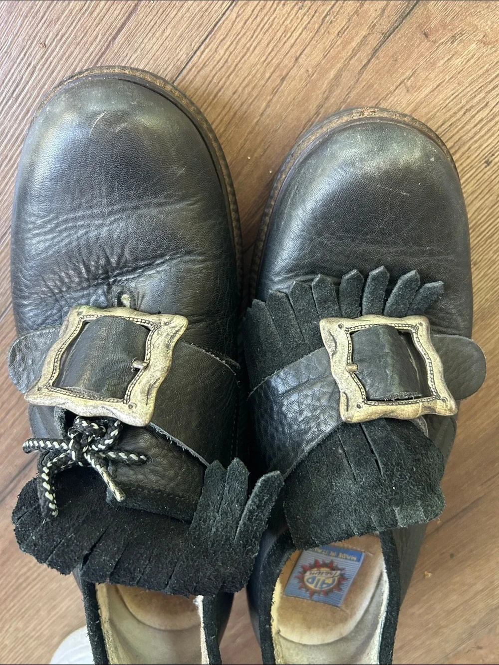 Alp Traum Vintage Black Leather Kiltie Loafers with Decorative Buckle !! Size 8